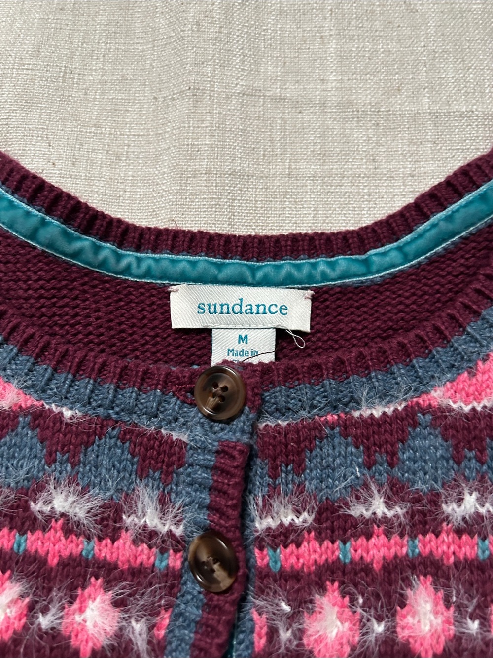 Sundance Fair Isle Sweater Burgundy Women's M Half Button Cotton Snowflake - Picture 3 of 13